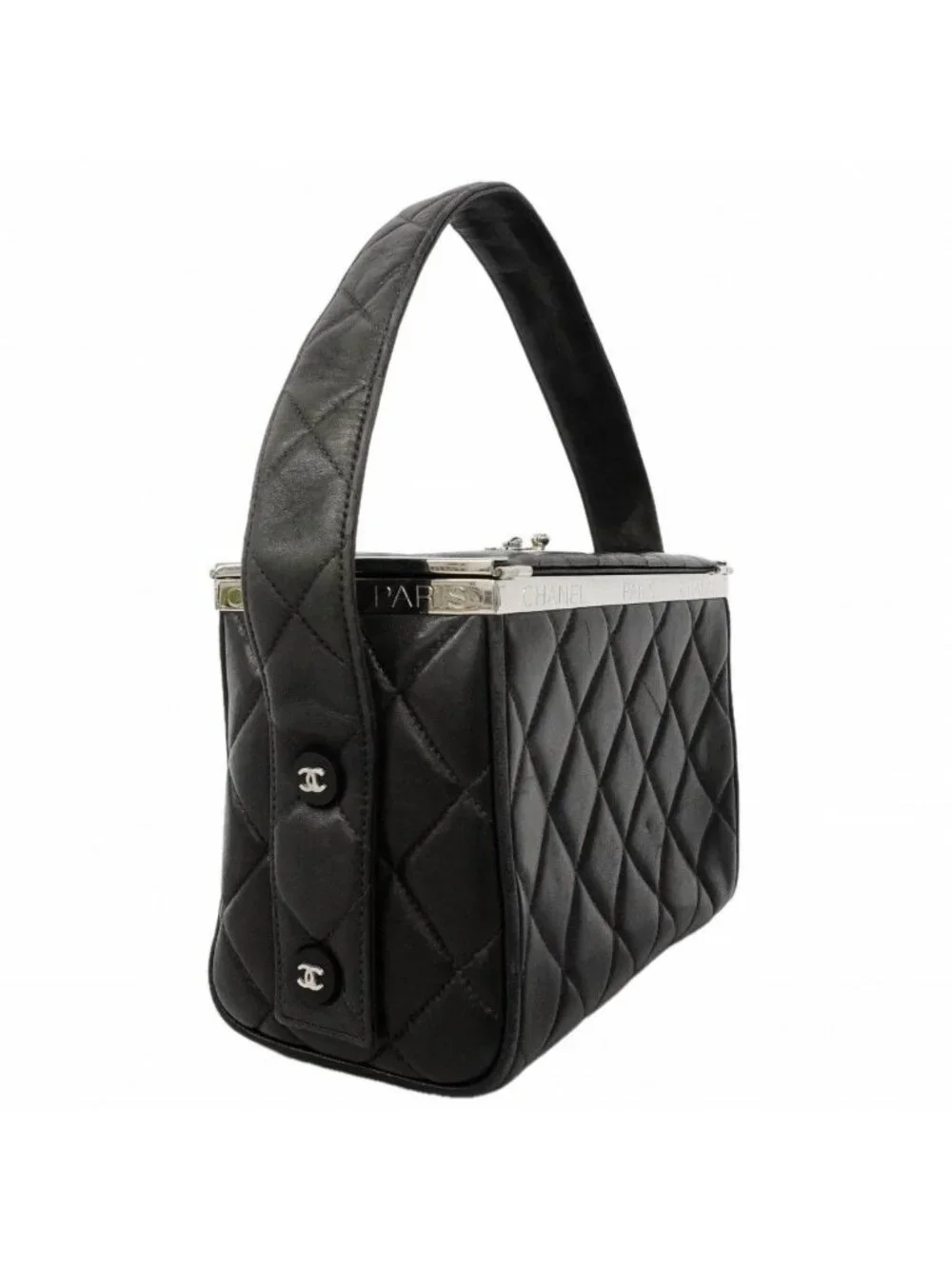 Chanel Handbag Quilted Lambskin Black Silver
